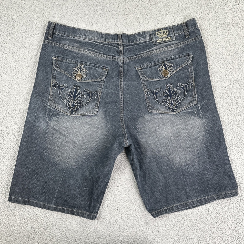 VTG Old Skool Baggy Shorts Men 42 Blue Embroidered Flap Pockets Dark Wash Fade